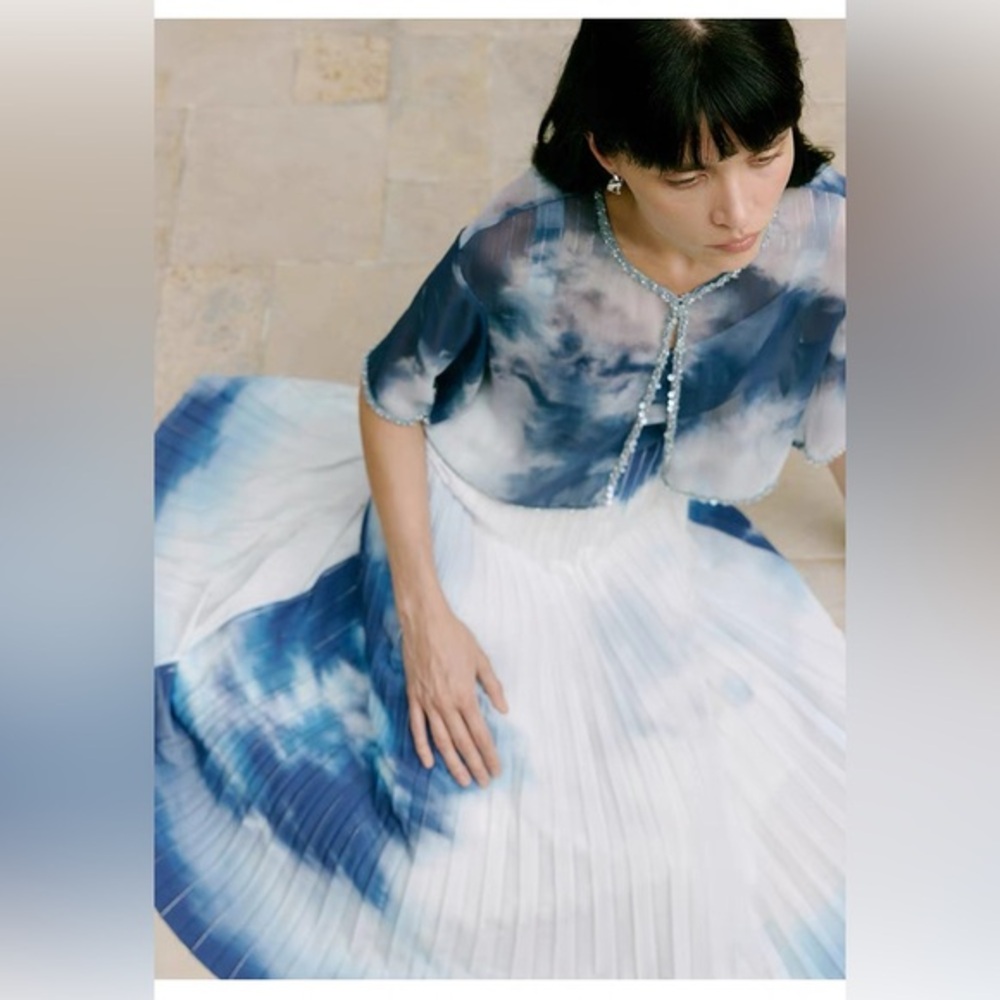 MARIUS Sheer Blue White Cropped Shrug Cardigan Sky Print Size M NWT